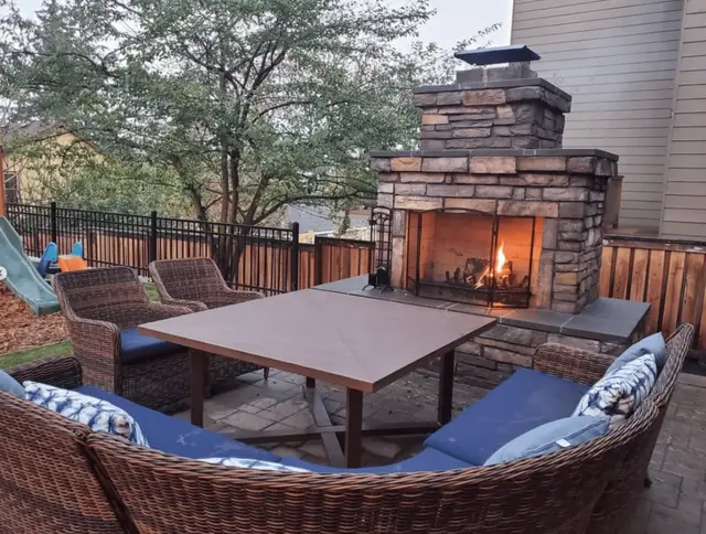 Backyard paver patio with custom outdoor fireplace in Lake Oswego OR – Oregon Quality Cuts
