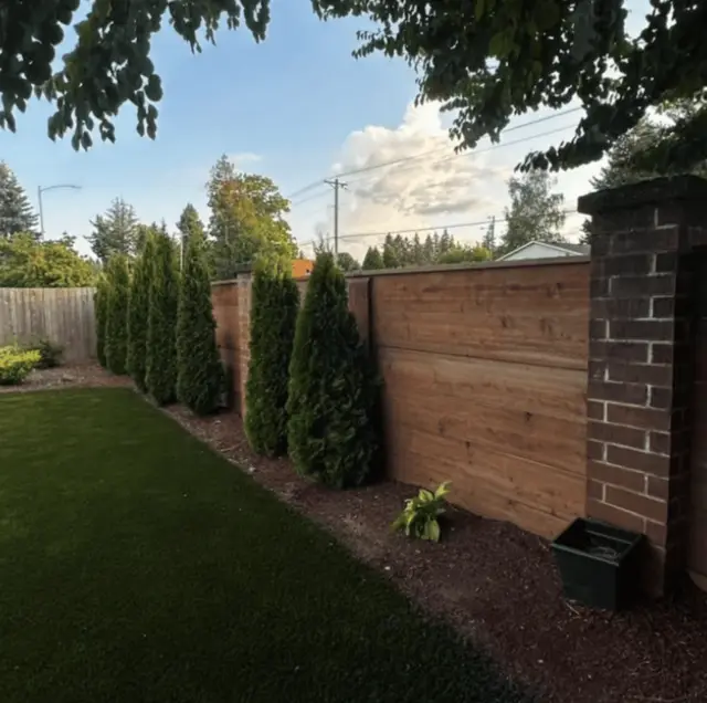 Cedar fence with brick columns and arborvitae landscaping in West Linn OR – Oregon Quality Cuts