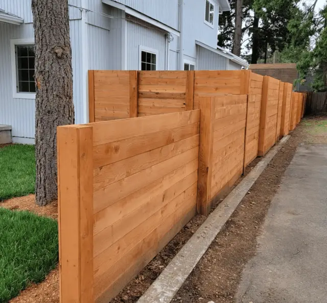Horizontal cedar privacy fence along side yard in Beaverton OR – Oregon Quality Cuts