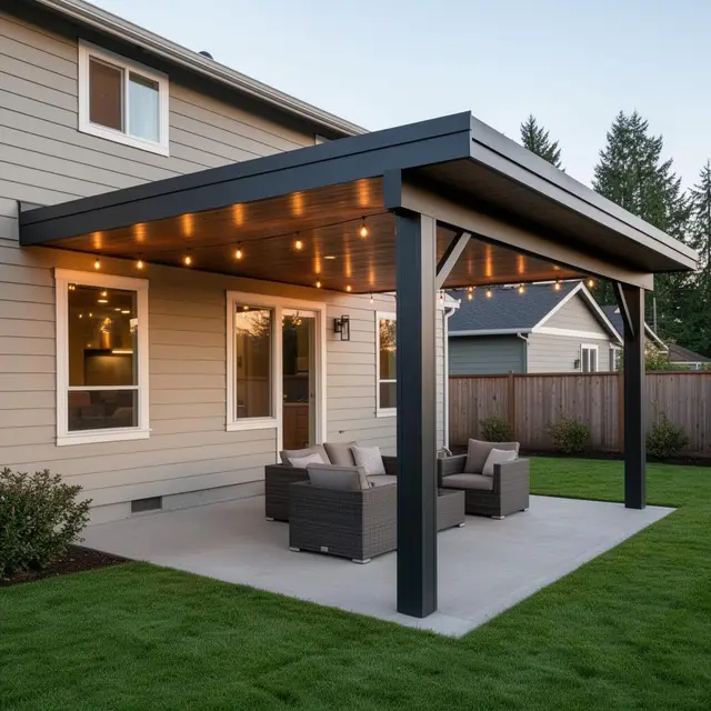 Modern patio cover with string lights in Sherwood OR – Oregon Quality Cuts outdoor living project