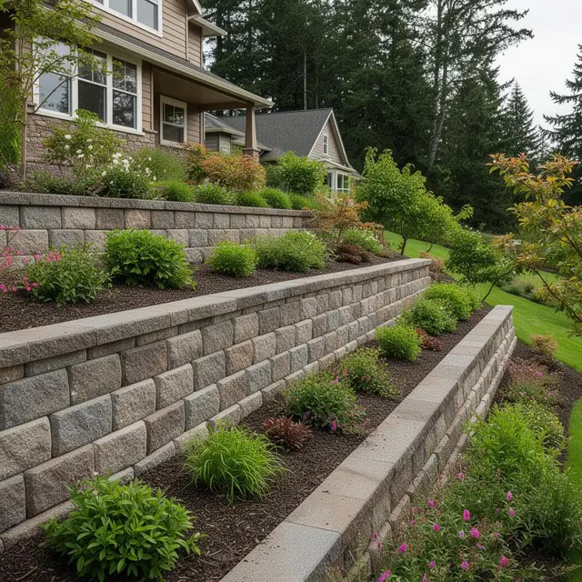 Stacked stone retaining wall construction in Happy Valley OR – Oregon Quality Cuts